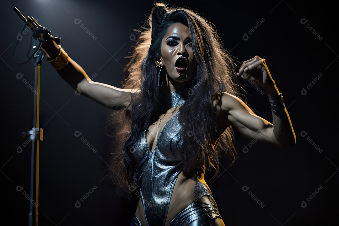 Mulher jovem cantando sobre palco.