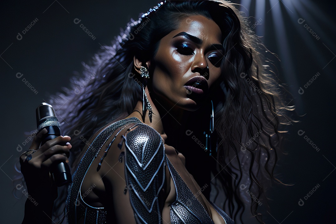 Mulher jovem cantando sobre palco.