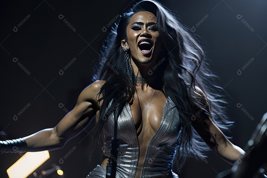 Mulher jovem cantando sobre palco.