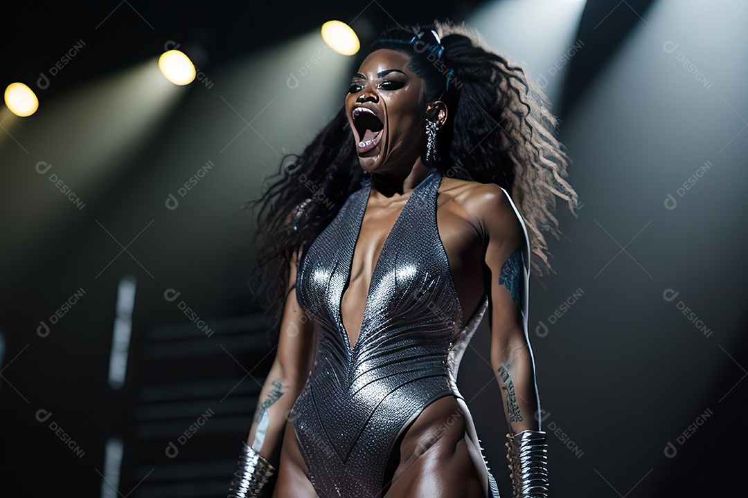 Mulher jovem cantando sobre palco.