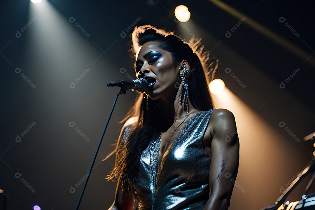Mulher jovem cantando sobre palco.