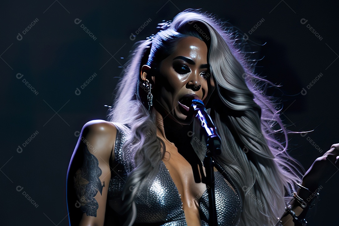 Mulher jovem cantando sobre palco.