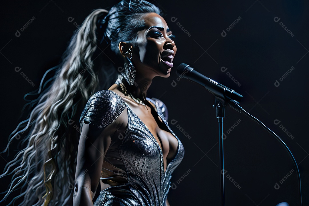 Mulher jovem cantando sobre palco.