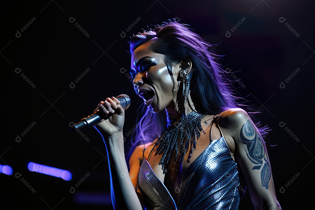 Mulher jovem cantando sobre palco.