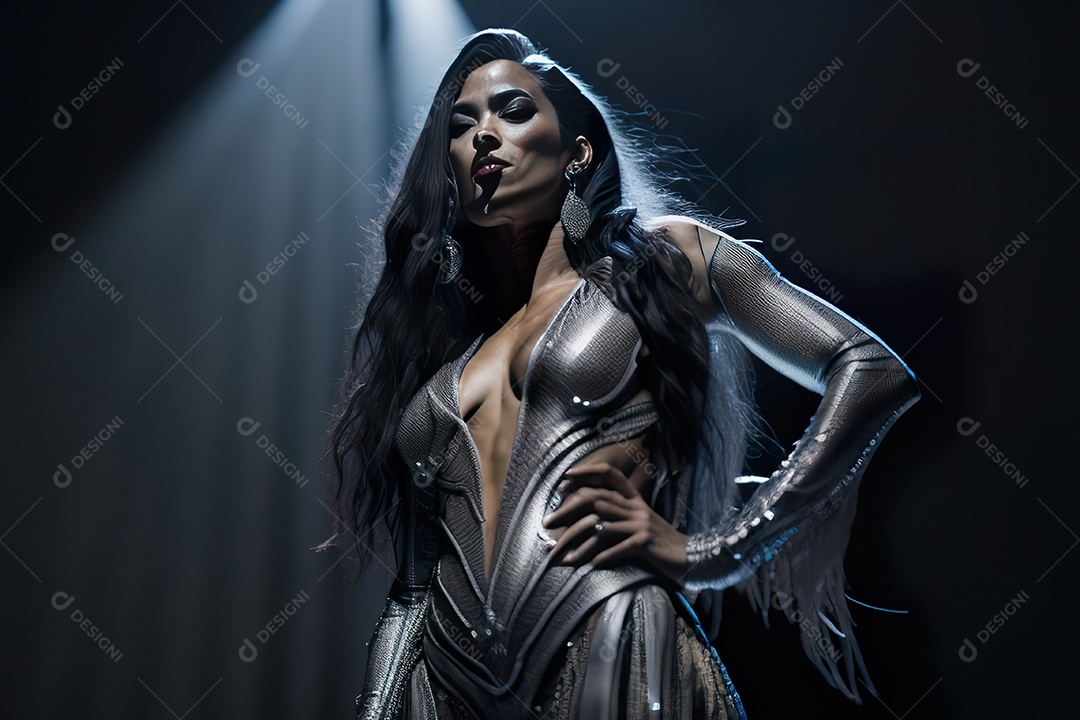 Mulher jovem cantando sobre palco.