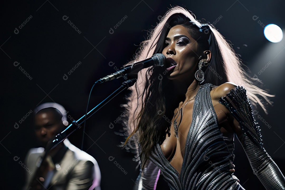 Mulher jovem cantando sobre palco.