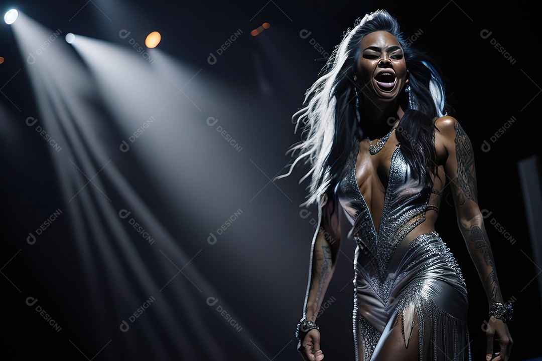 Mulher jovem cantando sobre palco.