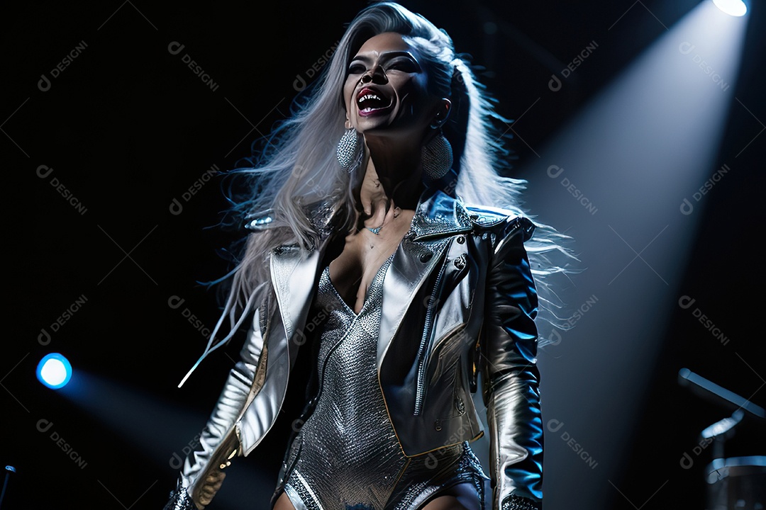 Mulher jovem cantando sobre palco.