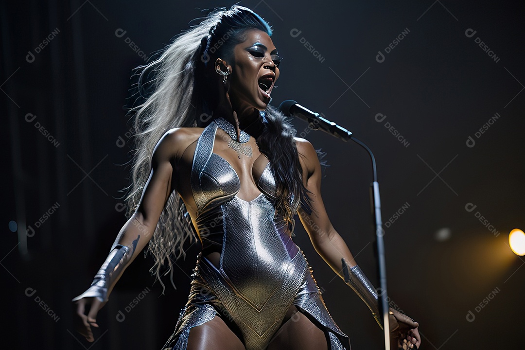 Mulher jovem cantando sobre palco.
