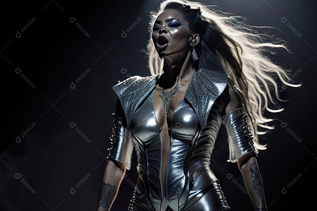 Mulher jovem cantando sobre palco.