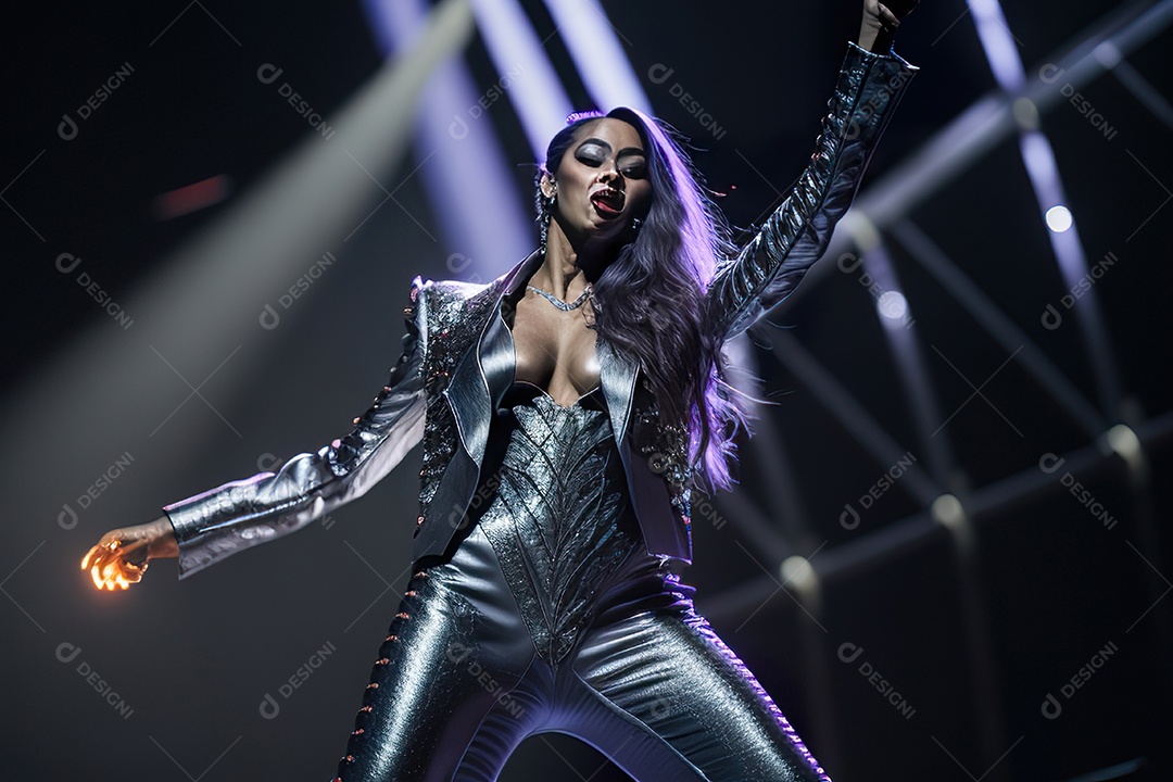 Mulher jovem cantando sobre palco.