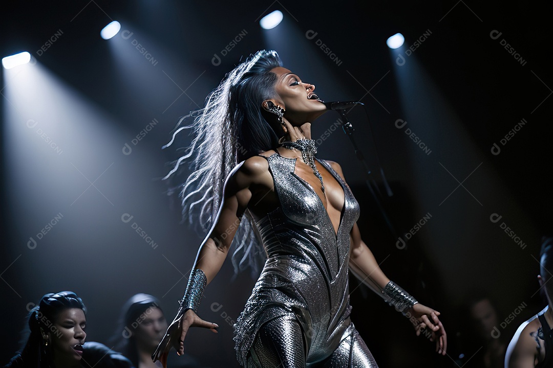 Mulher jovem cantando sobre palco.