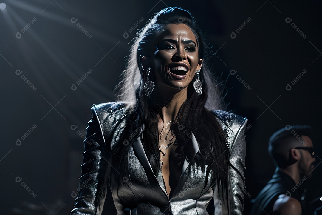 Mulher jovem cantando sobre palco.