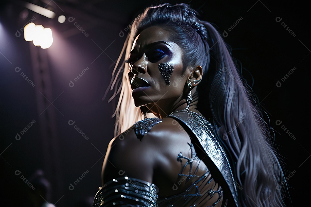 Mulher jovem cantando sobre palco.