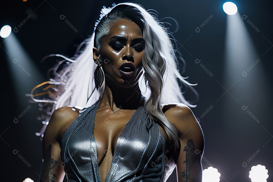 Mulher jovem cantando sobre palco.