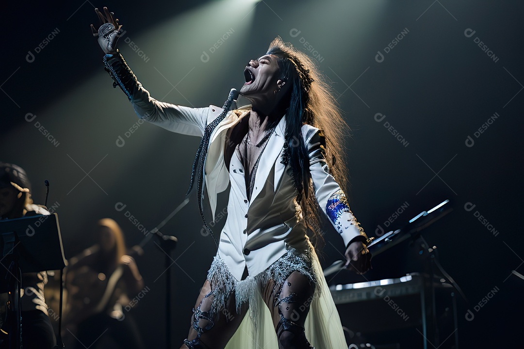 Mulher jovem cantando sobre palco.