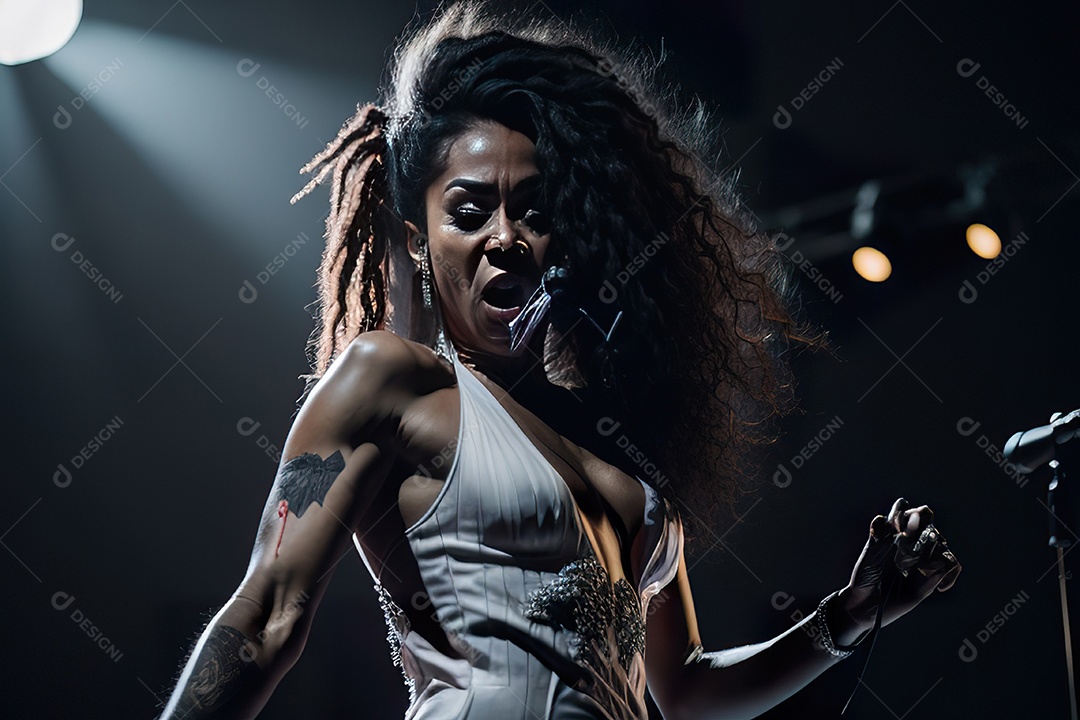 Mulher jovem cantando sobre palco.