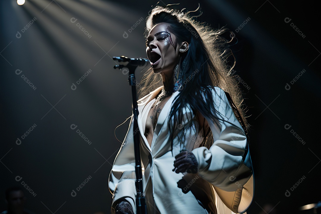 Mulher jovem cantando sobre palco.