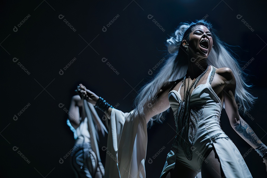 Mulher jovem cantando sobre palco.
