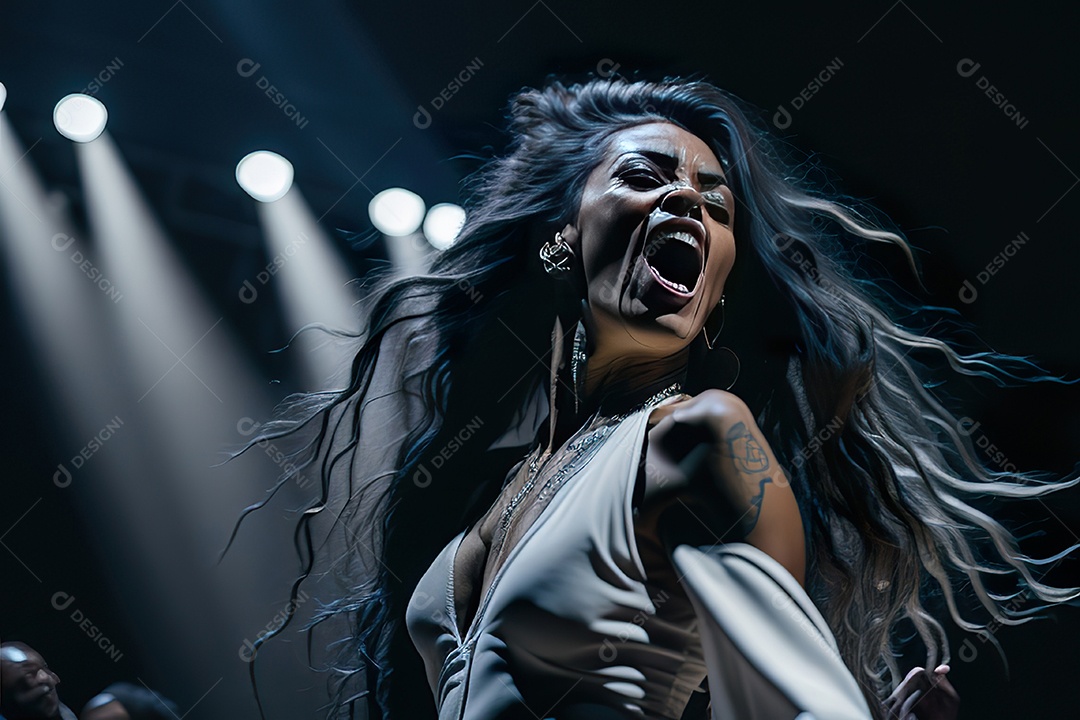 Mulher jovem cantando sobre palco.