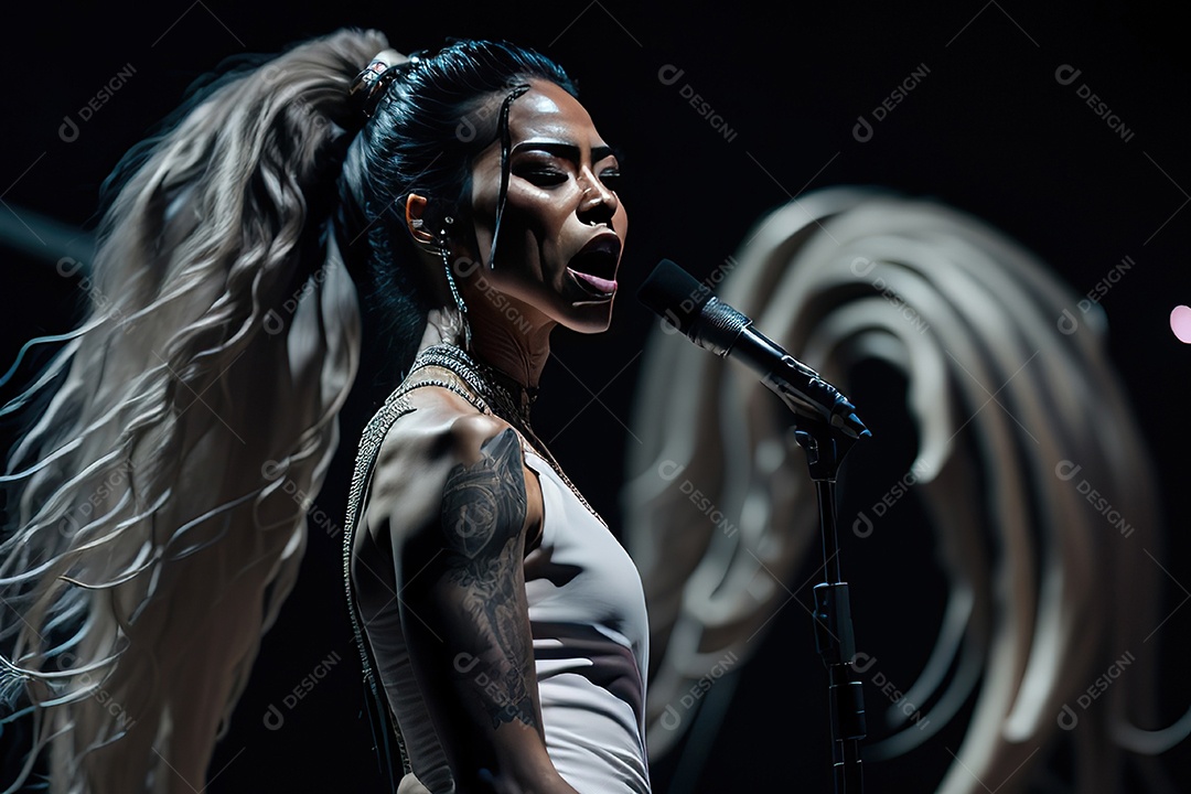 Mulher jovem cantando sobre palco.