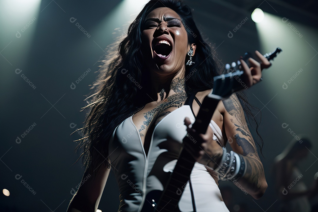 Mulher jovem cantando sobre palco.