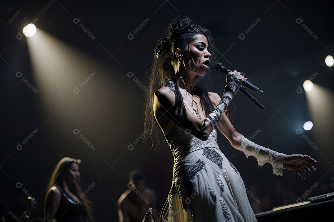 Mulher jovem cantando sobre palco.