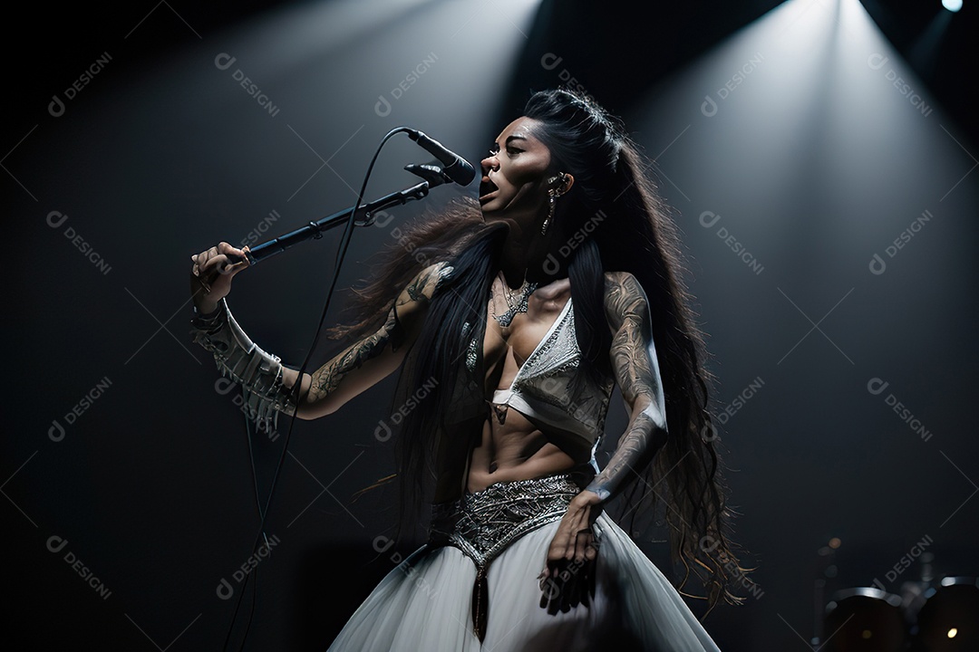 Mulher jovem cantando sobre palco.