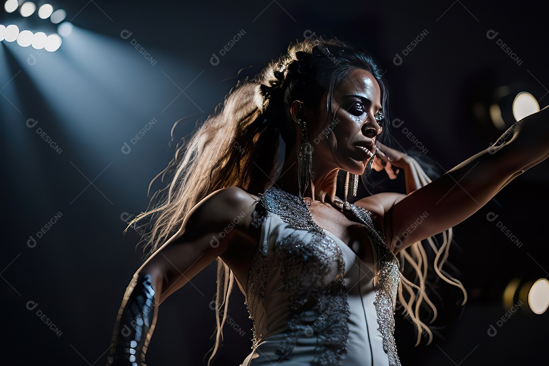 Mulher jovem cantando sobre palco.