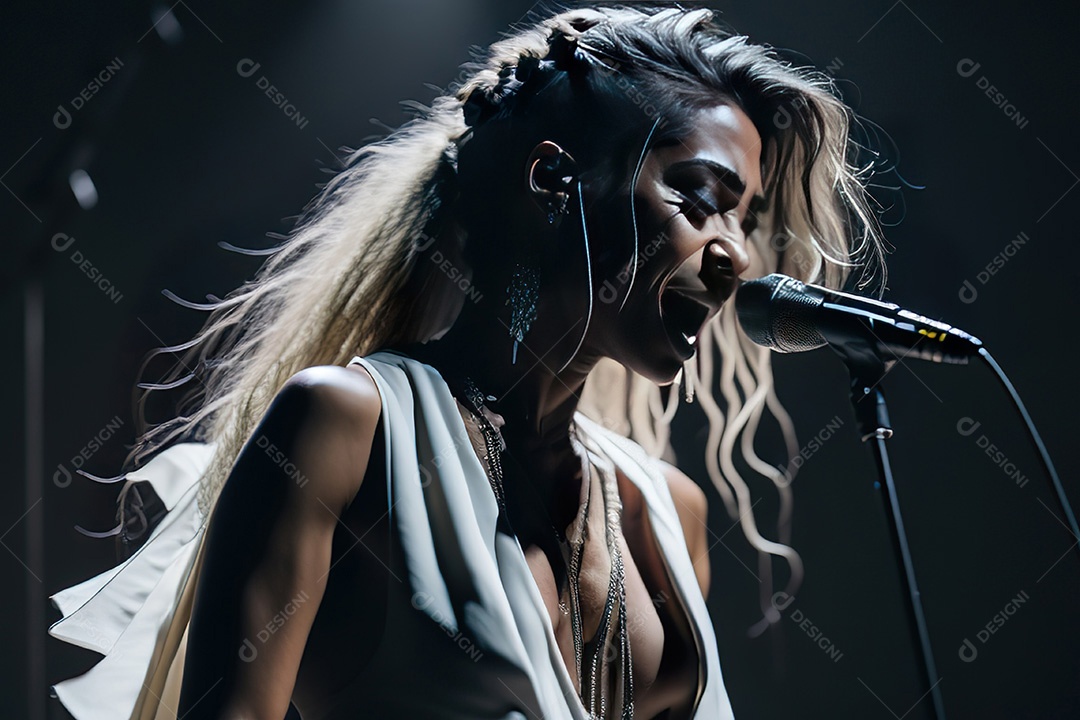 Cantora fazendo show no palco.
