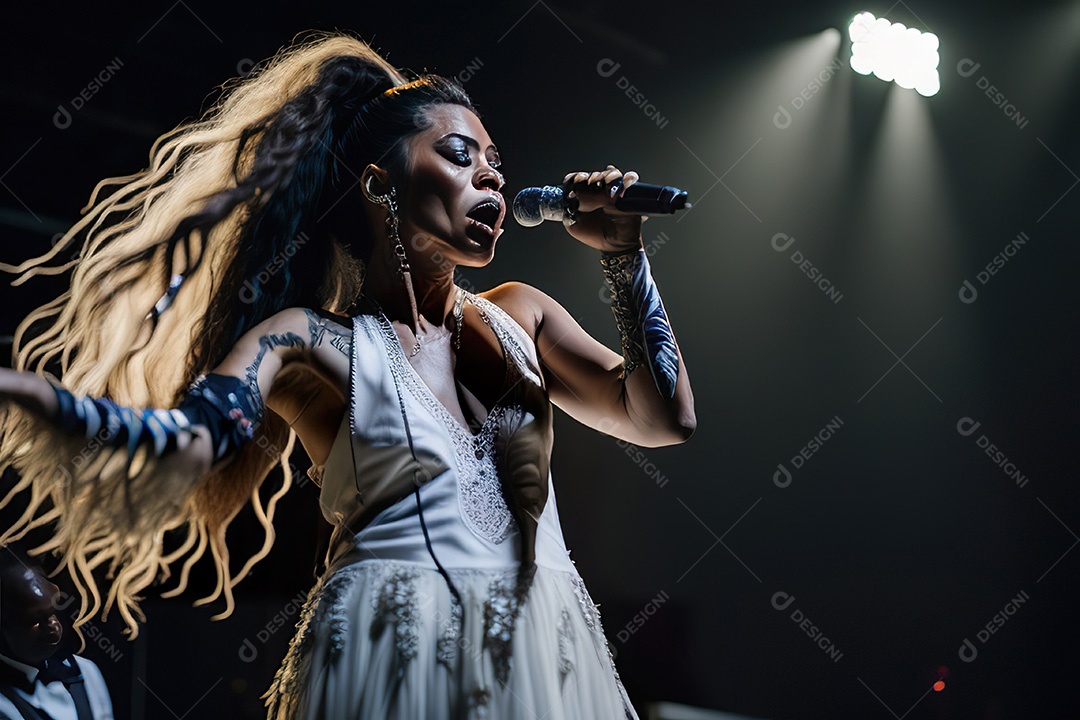 Cantora fazendo show no palco.