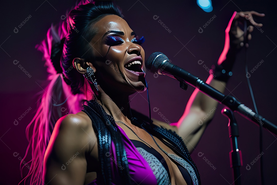 Cantora fazendo show no palco.