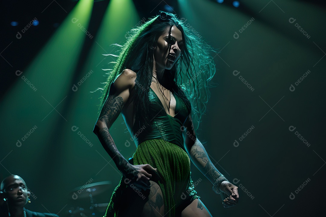 Cantora fazendo show no palco.