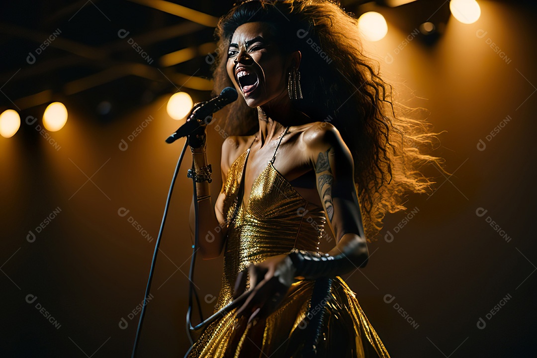 Cantora fazendo show no palco.