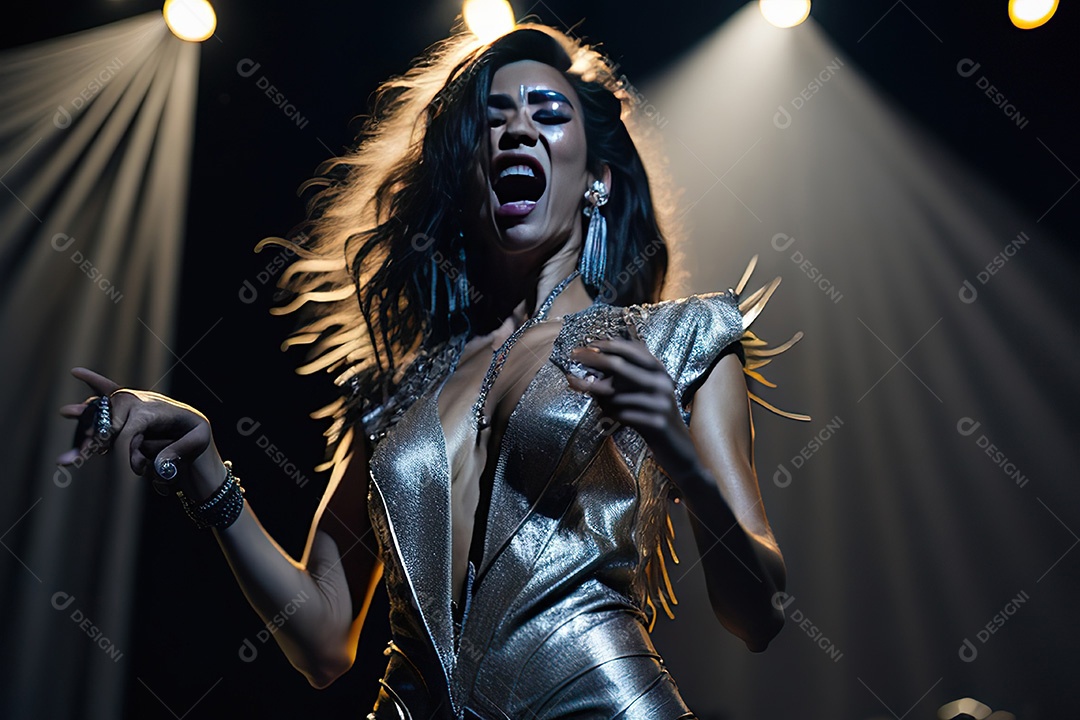 Cantora fazendo show no palco.
