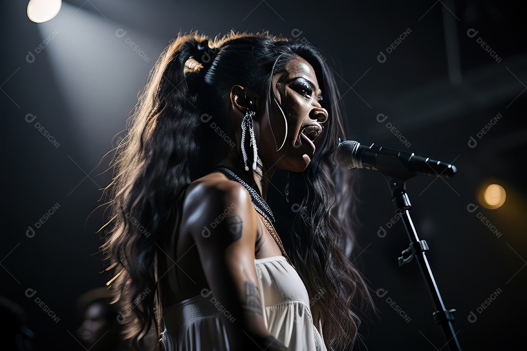 Cantora fazendo show no palco.