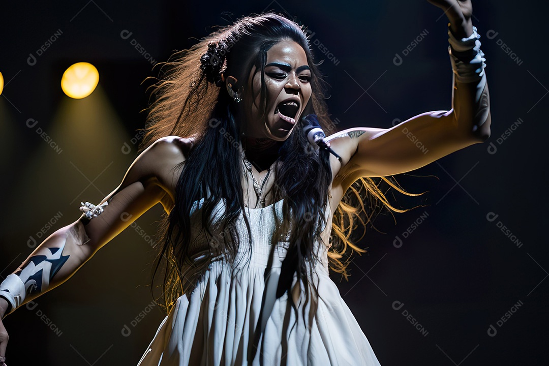 Cantora fazendo show no palco.