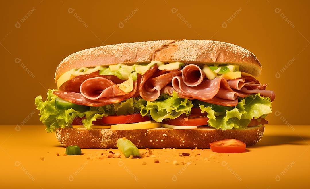 Delicioso sanduíche de presunto com salada