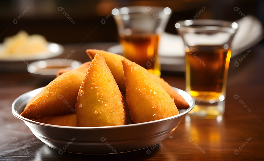 Pilhas de coxinha frita sobre fundo desfocado
