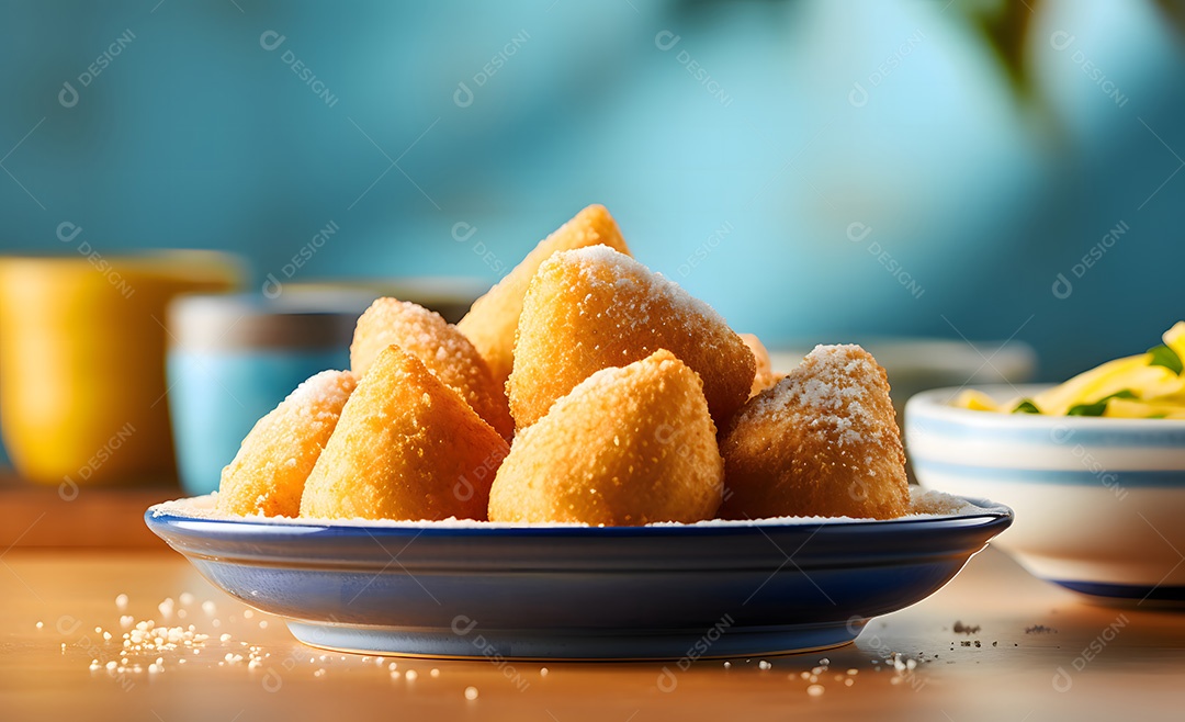 Pilhas de coxinha frita sobre fundo desfocado