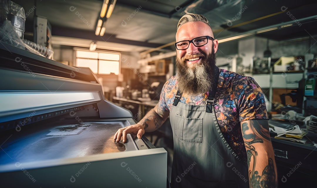 Homem trabalhando na máquina em uma indústria gráfica