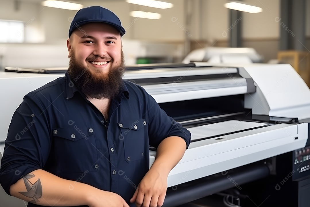 Homem trabalhando na máquina em uma indústria gráfica