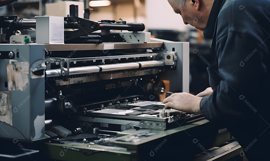 Homem trabalhando na máquina em uma indústria gráfica