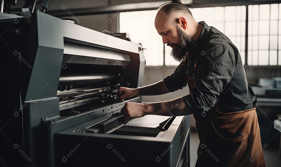 Homem trabalhando na máquina em uma indústria gráfica