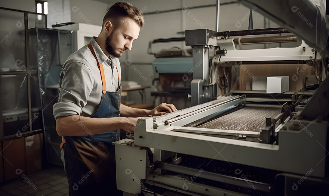 Homem trabalhando na máquina em uma indústria gráfica