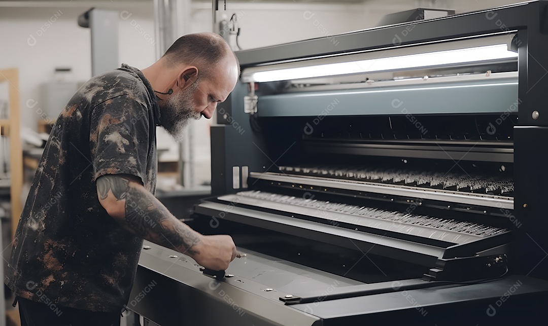 Homem trabalhando na máquina em uma indústria gráfica