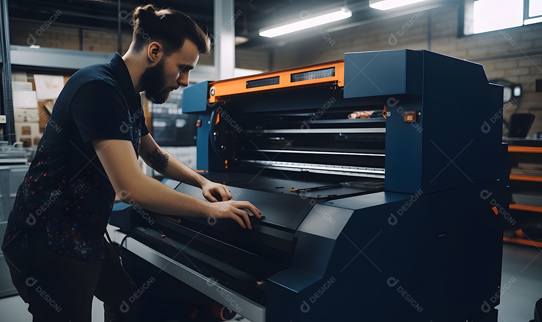 Homem trabalhando na máquina em uma indústria gráfica