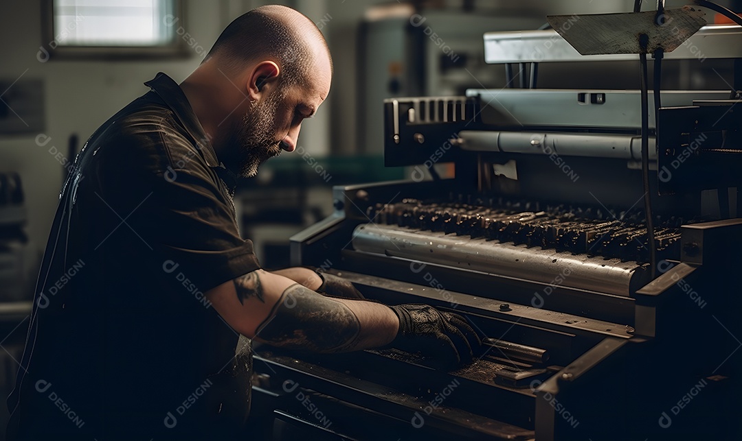 Homem trabalhando na máquina em uma indústria gráfica