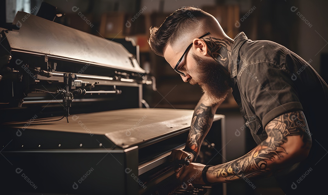 Homem trabalhando na máquina em uma indústria gráfica