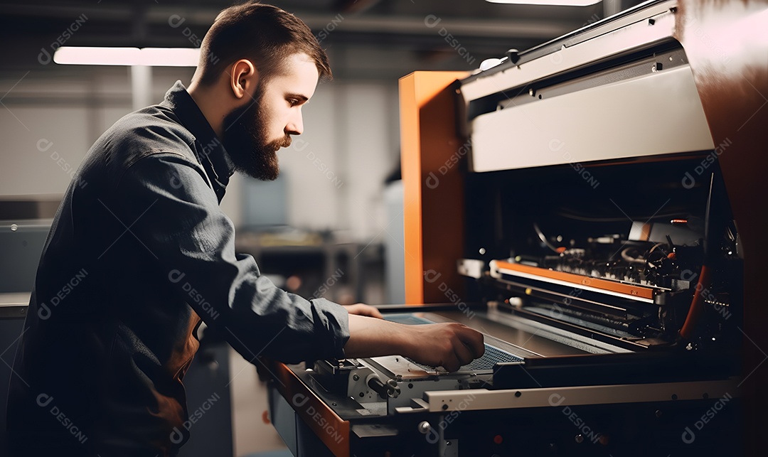 Homem trabalhando na máquina em uma indústria gráfica